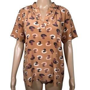 Tucker 100% Silk Shirt Blouse Duck Print V-Neck Made USA Womens Small
